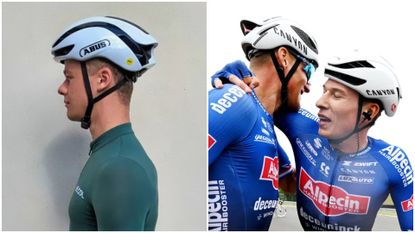 Mathieu van der Poel, and Jasper Philipsen after stage 3 of the Tour de France wearing different helmets