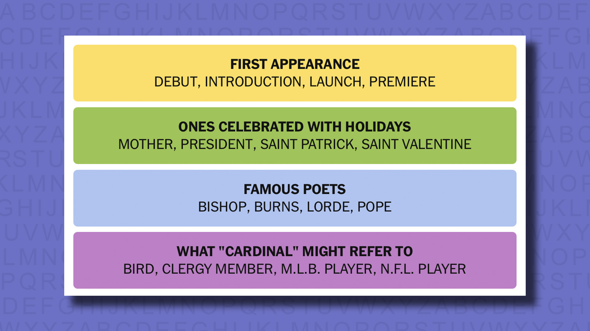 NYT Connections answers for game 813 on a purple background