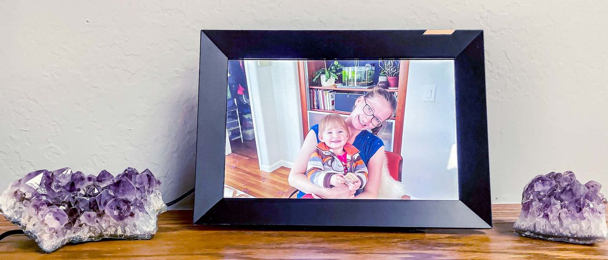 Nixplay Smart Photo Frame 10.1 inch Touch sitting on mantle