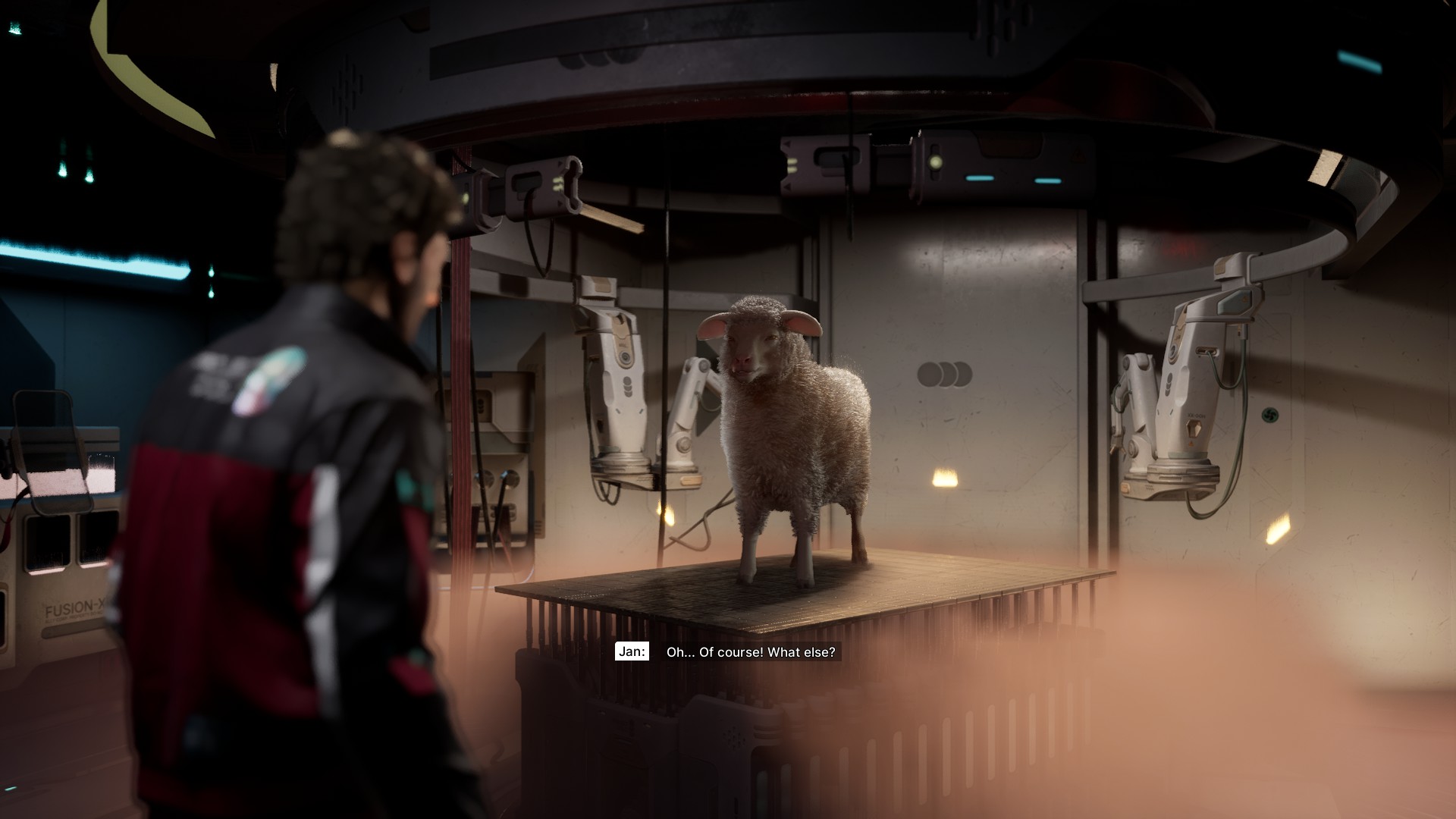 Jan looks at a sheep in The Alters within a lab
