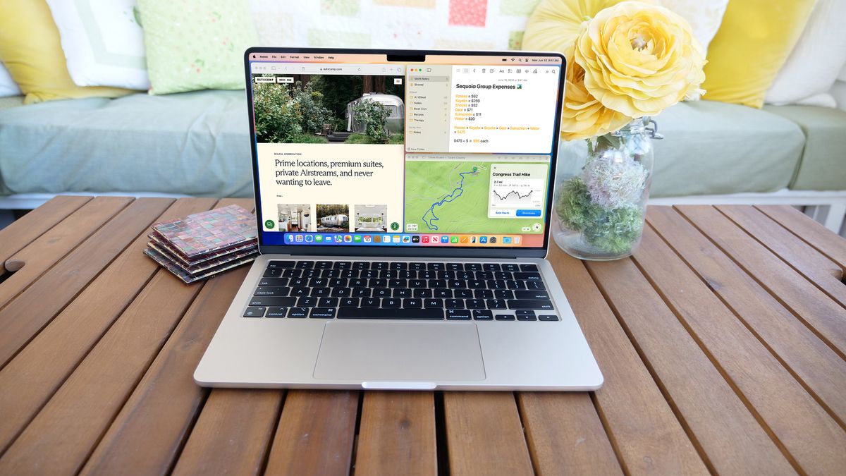 macOS Sequoia productivity apps shown on a MacBook Air 13 M3 sitting open on a slatted wooden table