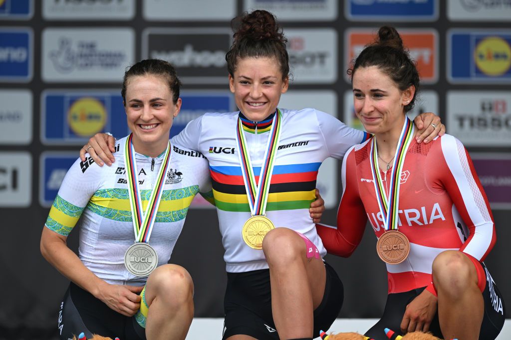 STIRLING SCOTLAND AUGUST 10 Silver medalist Grace Brown of Australia gold medalist Chloe Dygert of The United States and bronze medalist Christina Schweinberger of Austria pose on the podium during the medal ceremony after the Women Elite Individual Time Trial a 362km race from Stirling to Stirling at the 96th UCI Cycling World Championships Glasgow 2023 Day 8 UCIWT on August 10 2023 in Stirling Scotland Photo by Dario BelingheriGetty Images