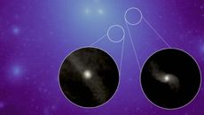 Computer simulations showed large galaxies may steal dark matter from smaller galaxies when they collide. The close-up views reveal two galaxies lacking dark matter, compared to the brighter regions in the image.