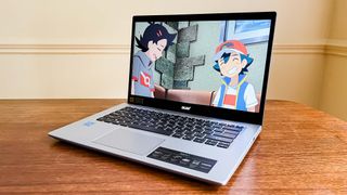 Acer Aspire 5 (2022) open on desk showing anime playing