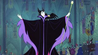 Cartoons of the 1950s - best animated movies of the 50s; a which dressed in black and purple robes holds out her arms and raises a staff