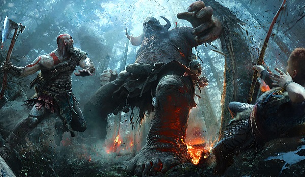 Kratos and son attack troll in god of war