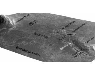 A stereo pair of images from taken from Mars orbit were used to generate a digital elevation model that is the basis for this simulated perspective view of "Cape York," "Botany Bay," and "Solander Point" on the western rim of Endeavour Crater. The view is from the crater interior looking toward the southwest, and the vertical exaggeration is fivefold.
