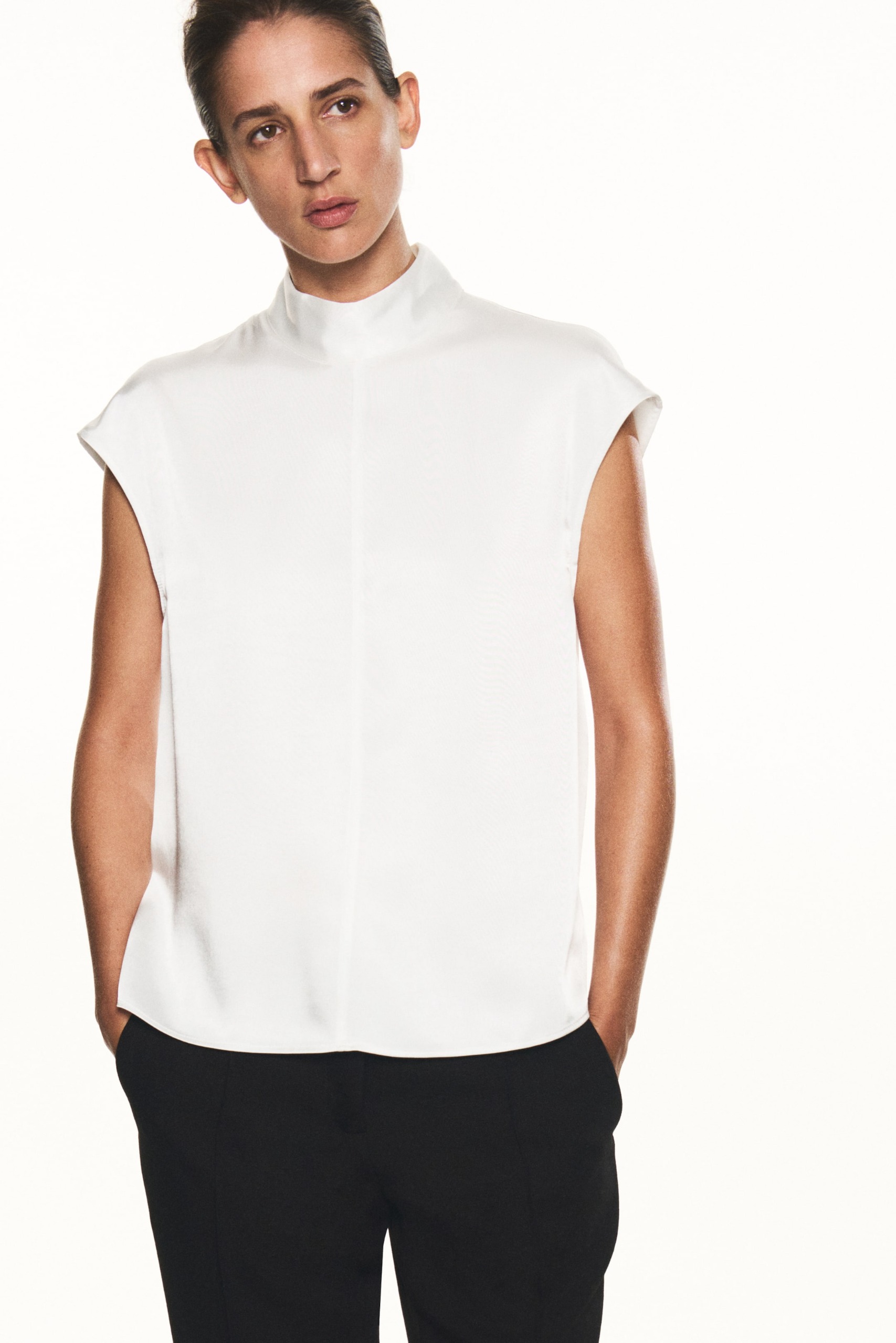 Stand-Collar Satin Blouse