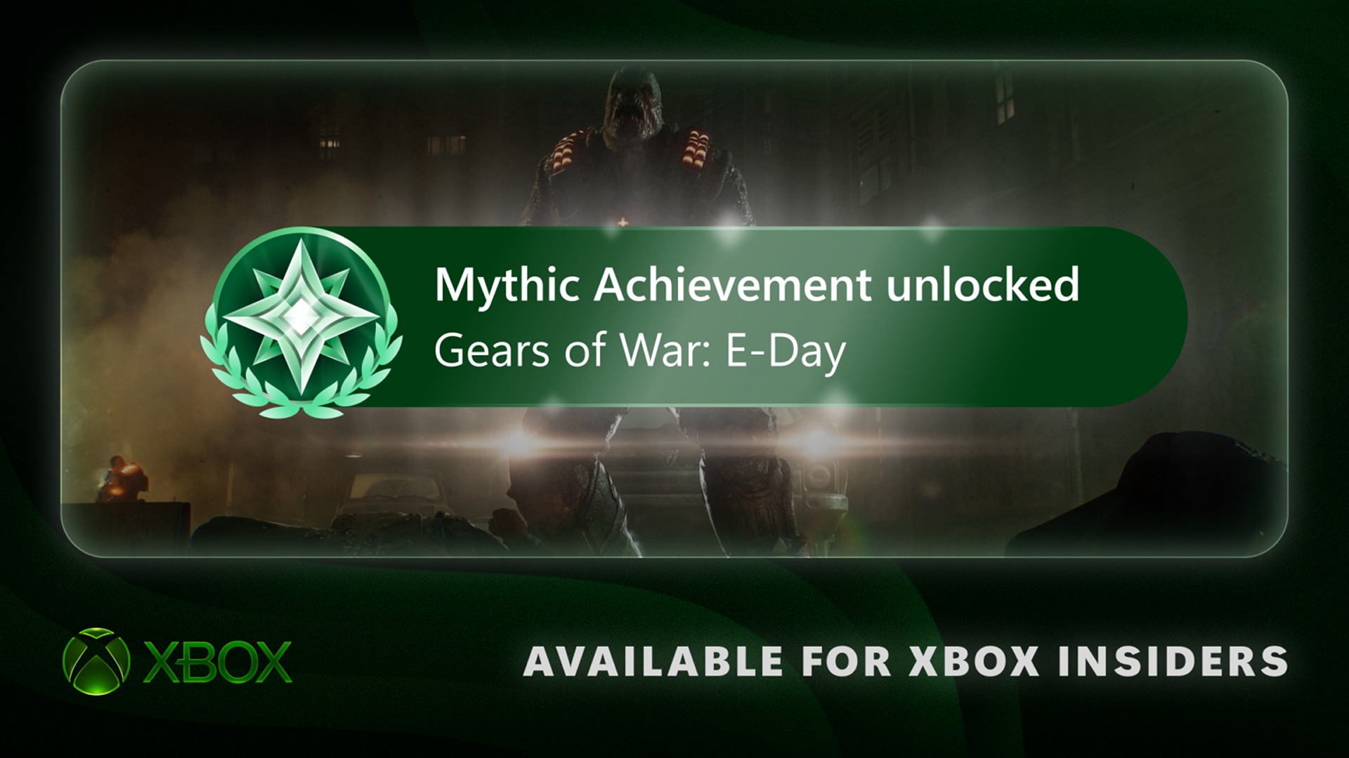 A Gears of War: E-Day screen announces &ldquo;Mythic Achievement unlocked&rdquo; in a green banner over a dark, dramatic battlefield, with Xbox branding below.