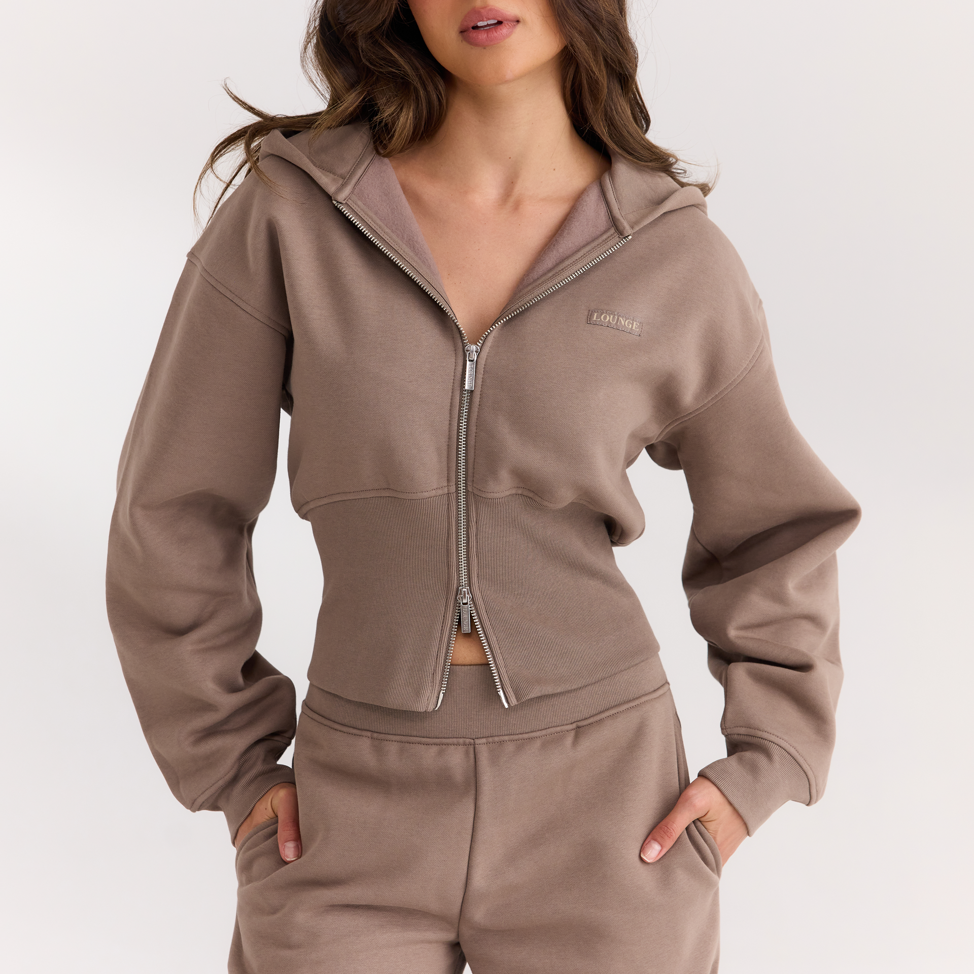 Fitted-Waist Zip-Up Hoodie - Mushroom