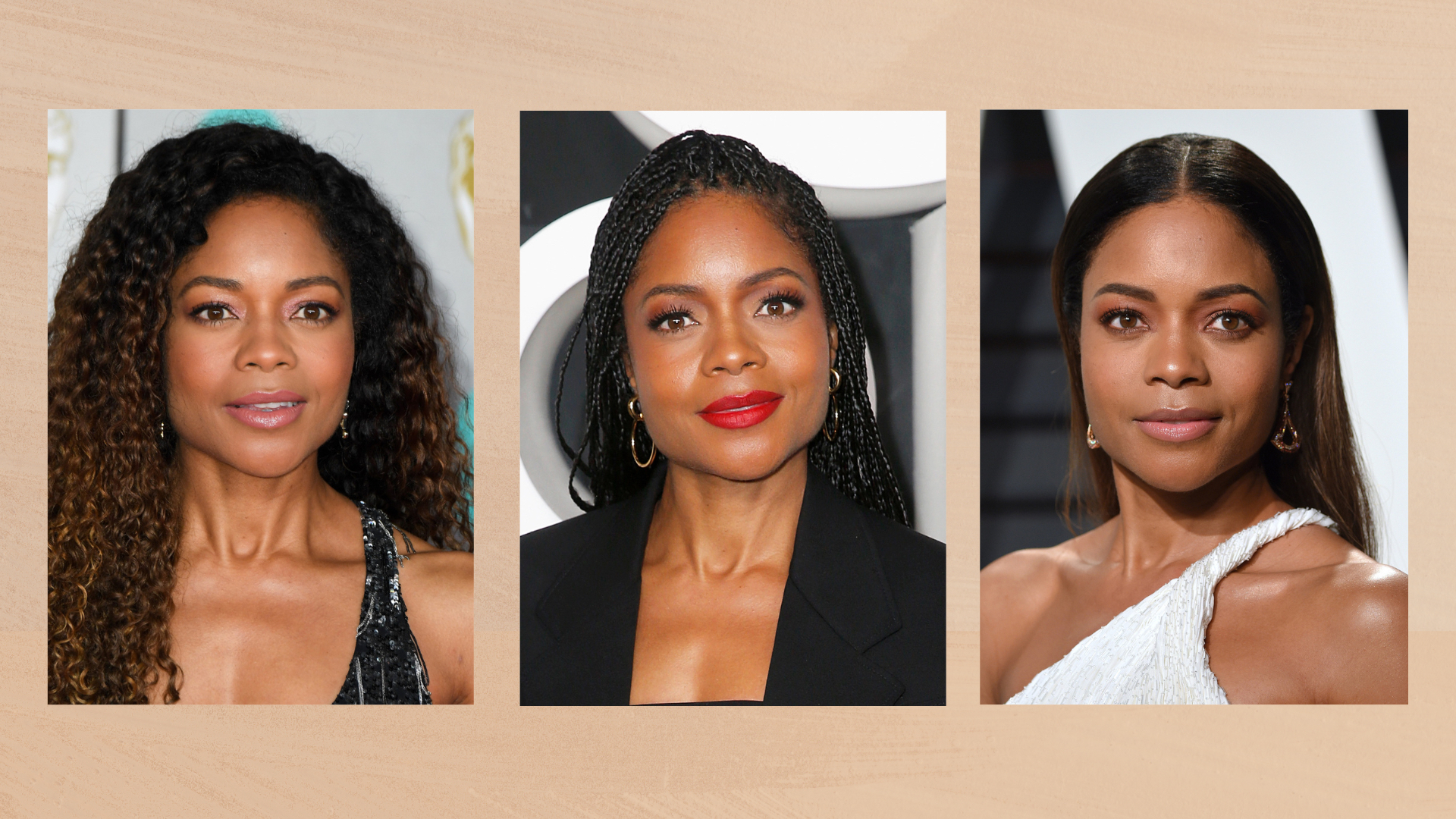 Collage of three vertical images of Naomie Harris set against a beige watercolour-style background