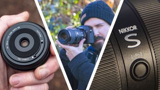 Three lenses from left to right; Viltrox AF 28mm F4.5 in user's hand, Sony 100mm F2.8 GM OSS macro lens attached to Sony camera held by photographer, Close up of the Nikon Z 70-200mm f/2.8 VR S II