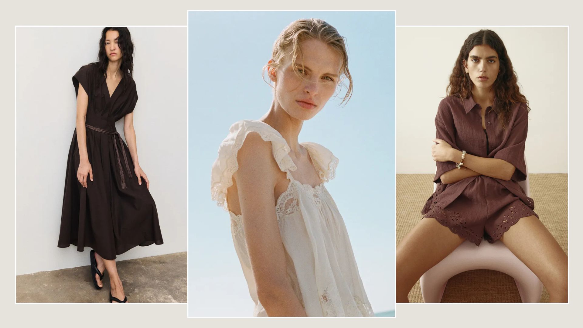 Woman wears brown dress and flip-flops; woman wears lace blouse; woman wears shirt and shorts