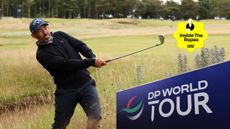 Main image of Pablo Larrazabal hitting a shot out of the rough at the Renaissance Club with an Inside The Ropes sticker top-right and a DP World Tour sign bottom right