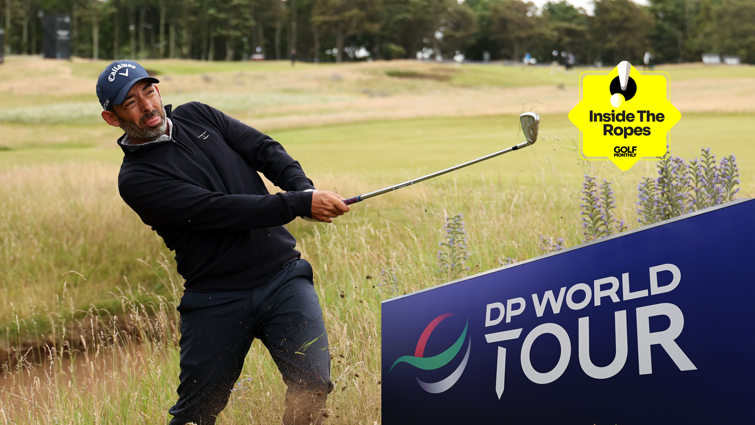 Main image of Pablo Larrazabal hitting a shot out of the rough at the Renaissance Club with an Inside The Ropes sticker top-right and a DP World Tour sign bottom right