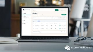 Laptop displaying the alias dashboard for ExpressMailGuard
