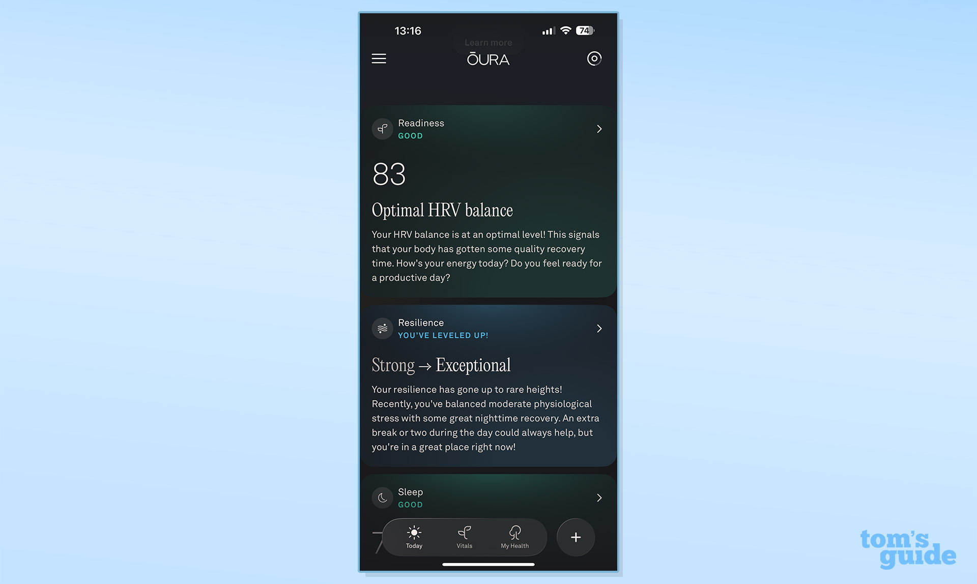 Oura app showing HRV balance and resilience scores against blue background