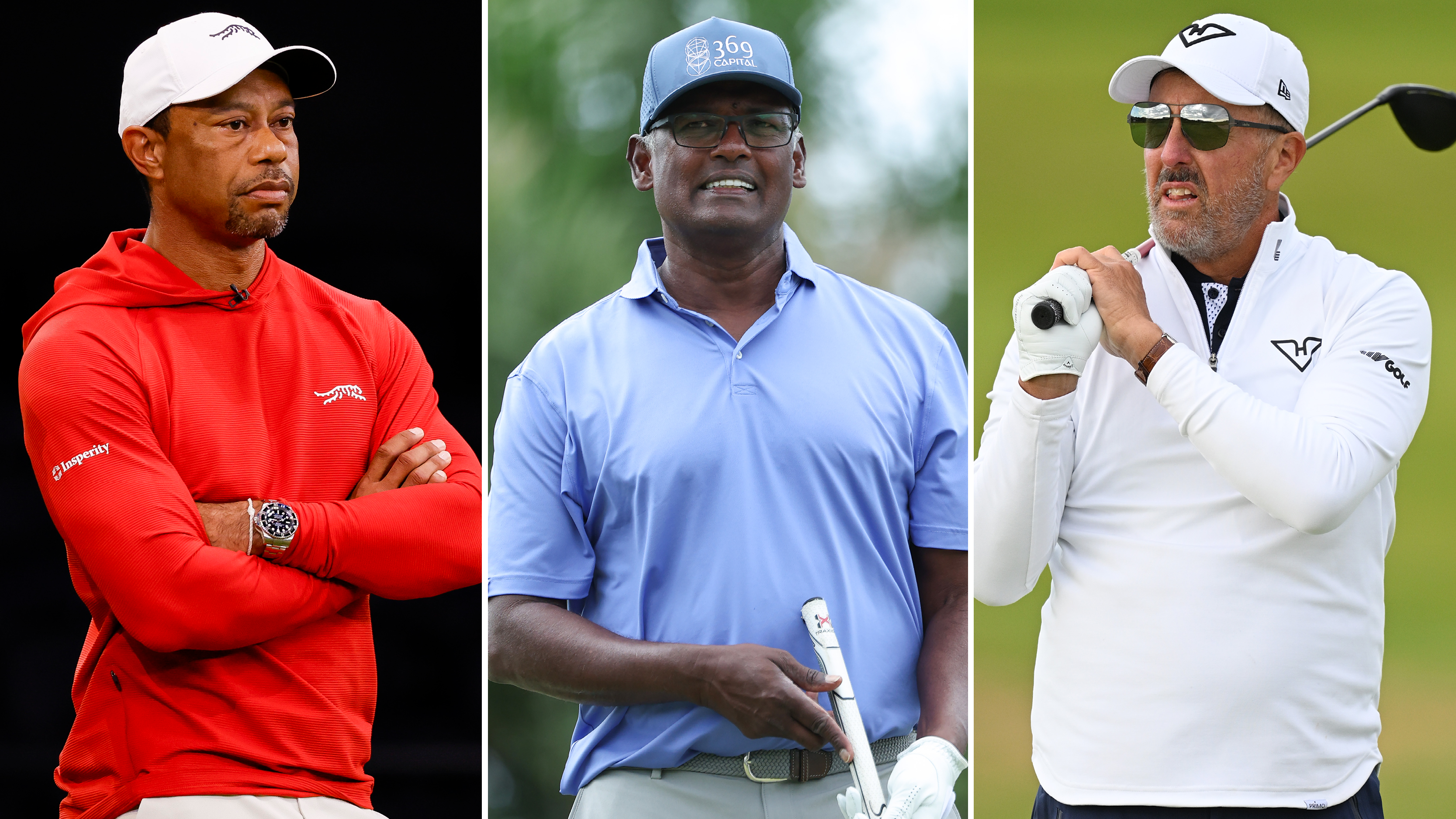 Tiger Woods, Vijay Singh and Phil Mickelson watch on