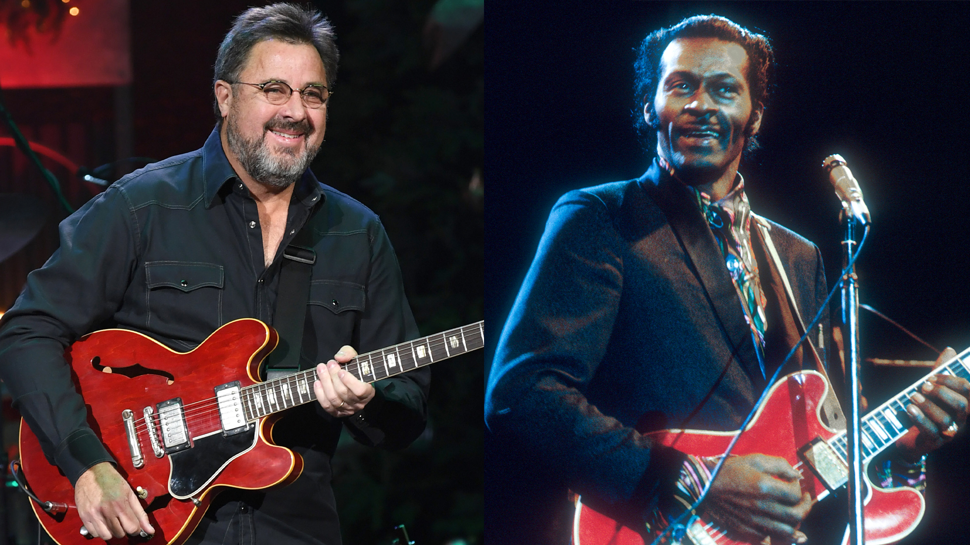 LEFT: Vince Gill performs during Christmas at The Ryman at the Ryman Auditorium on November 28, 2018 in Nashville, Tennessee. RIGHT: Chuck Berry in concert 1970 