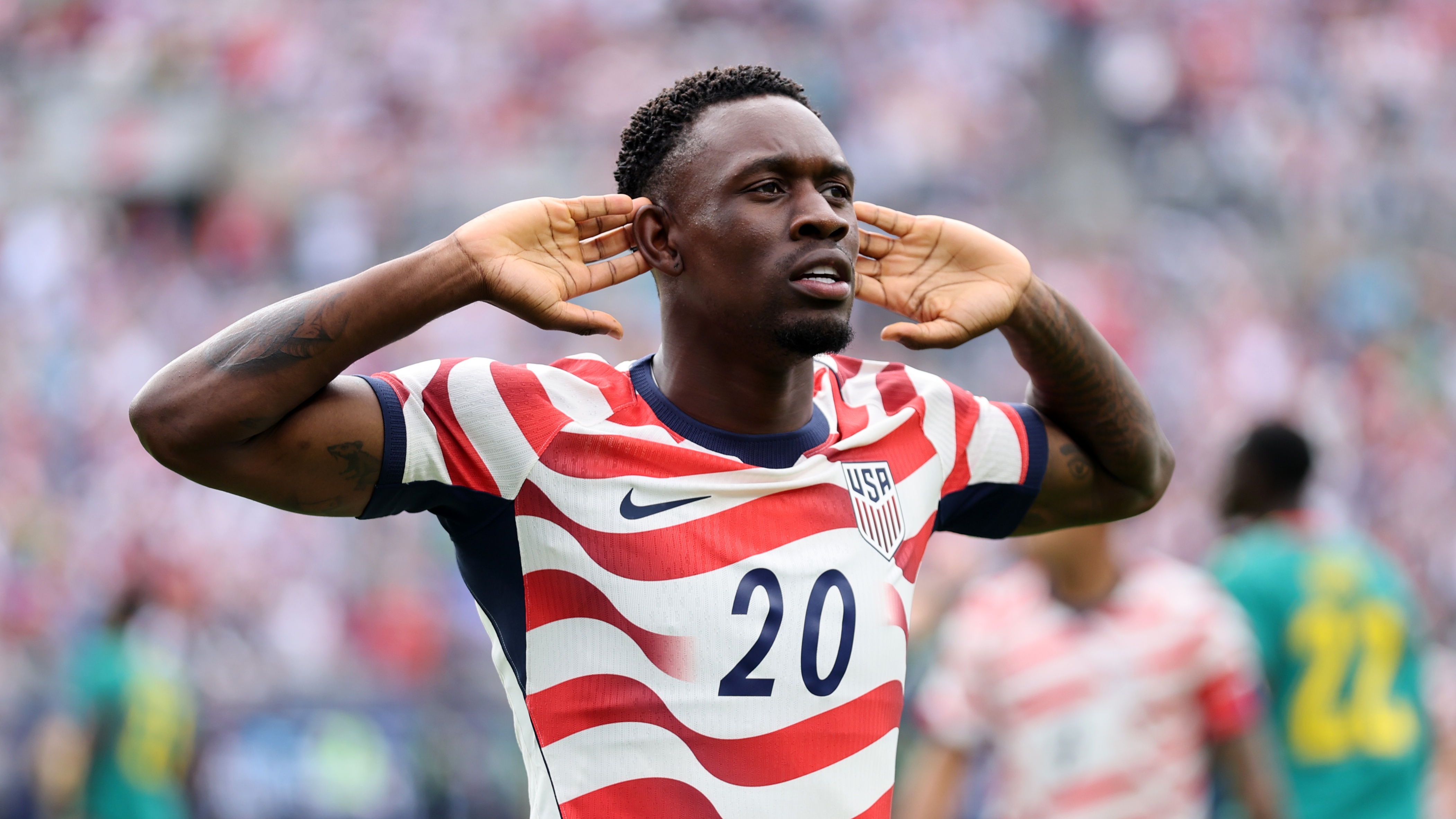 Falarin Balogun of United States celebrates after scoring his team's third goal during the international friendly match between United States and Senegal at Bank of America Stadium on May 31, 2026