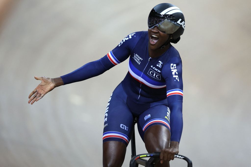 Frances Taky Marie Divine Kouame reacts after competing in the Womens 500m time trial final during the UCI Track Cycling World Championships at the Velodrome of SaintQuentinenYvelines southwest of Paris on October 15 2022 Photo by Thomas SAMSON AFP Photo by THOMAS SAMSONAFP via Getty Images
