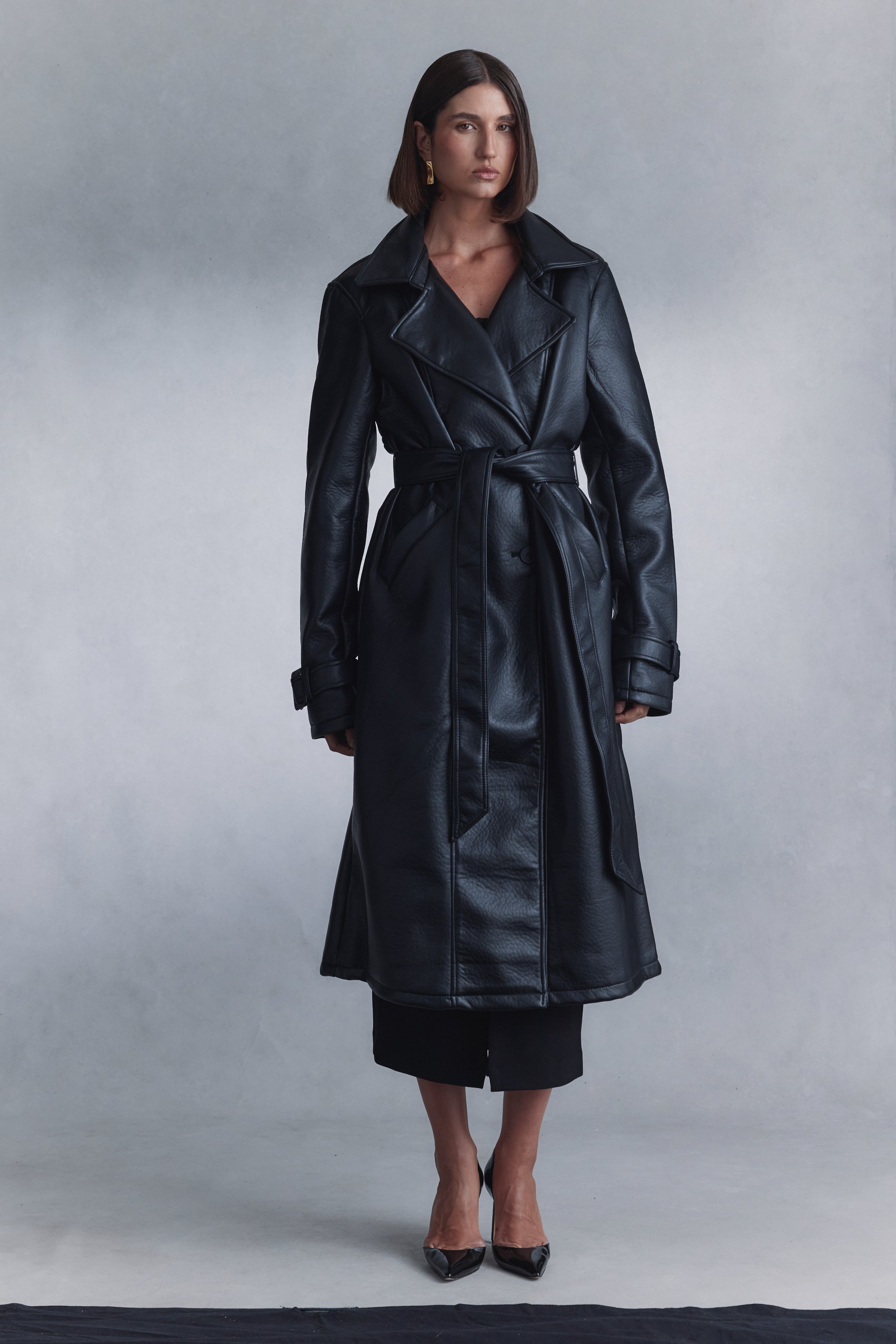 Tarah Faux Leather Trench Coat - Black Xxs
