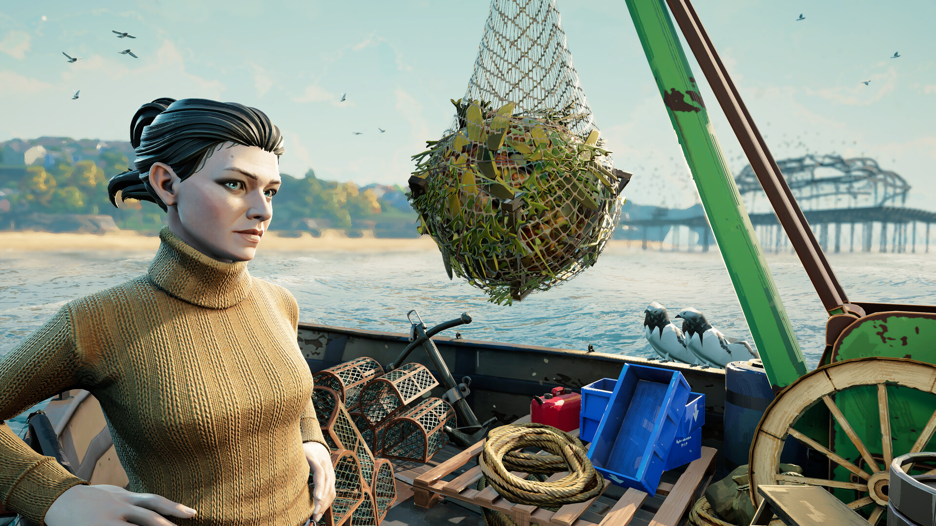 There Are No Ghosts at the Grand screenshot showing a woman standing on a boat with a net full of salvage