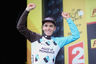 Romain Bardet on the podium after winning stage 12 at the Tour de France