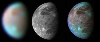 Three images of Ganymede the first is a hazy/blurred green/blue and rusty red, the second is a grayscale image with higher clarity and the third looks like a combination of the first two.