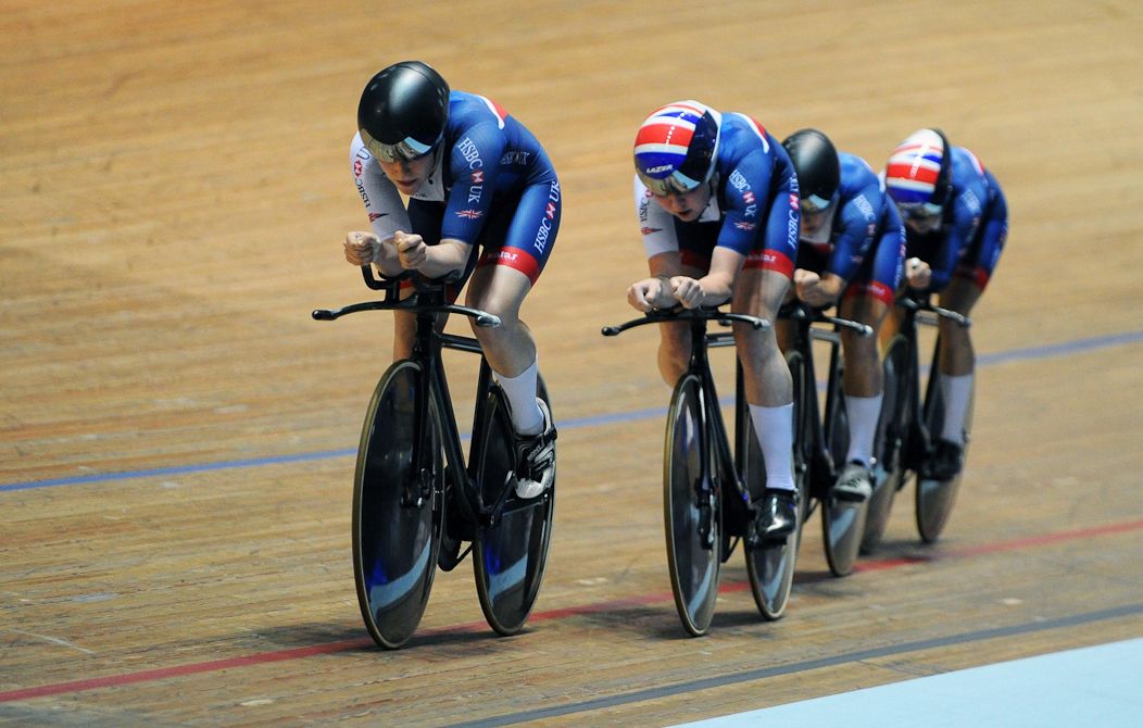 Emily Nelson, Elinor Barker, Neah Evans and Katie Archibald of Great Britain compete in the Women's Team Pursuit