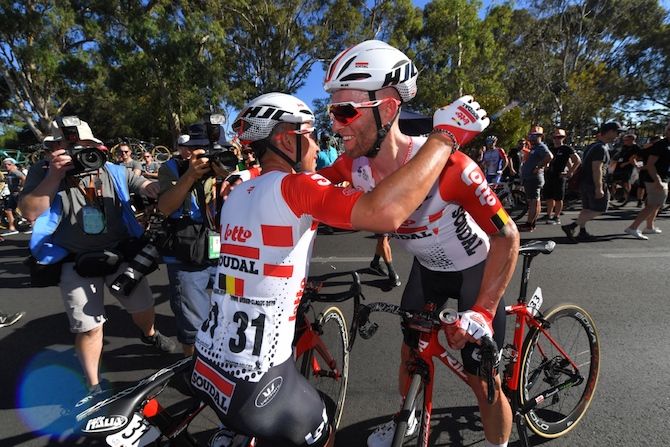 2019 Down Under Classic winner Caleb Ewan thanks Lotto Soudal teammate Tomasz Marczynski for a job well done