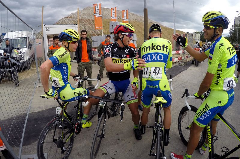 Peter Sagan celebrates the win with his Tinkoff-Saxo teammates