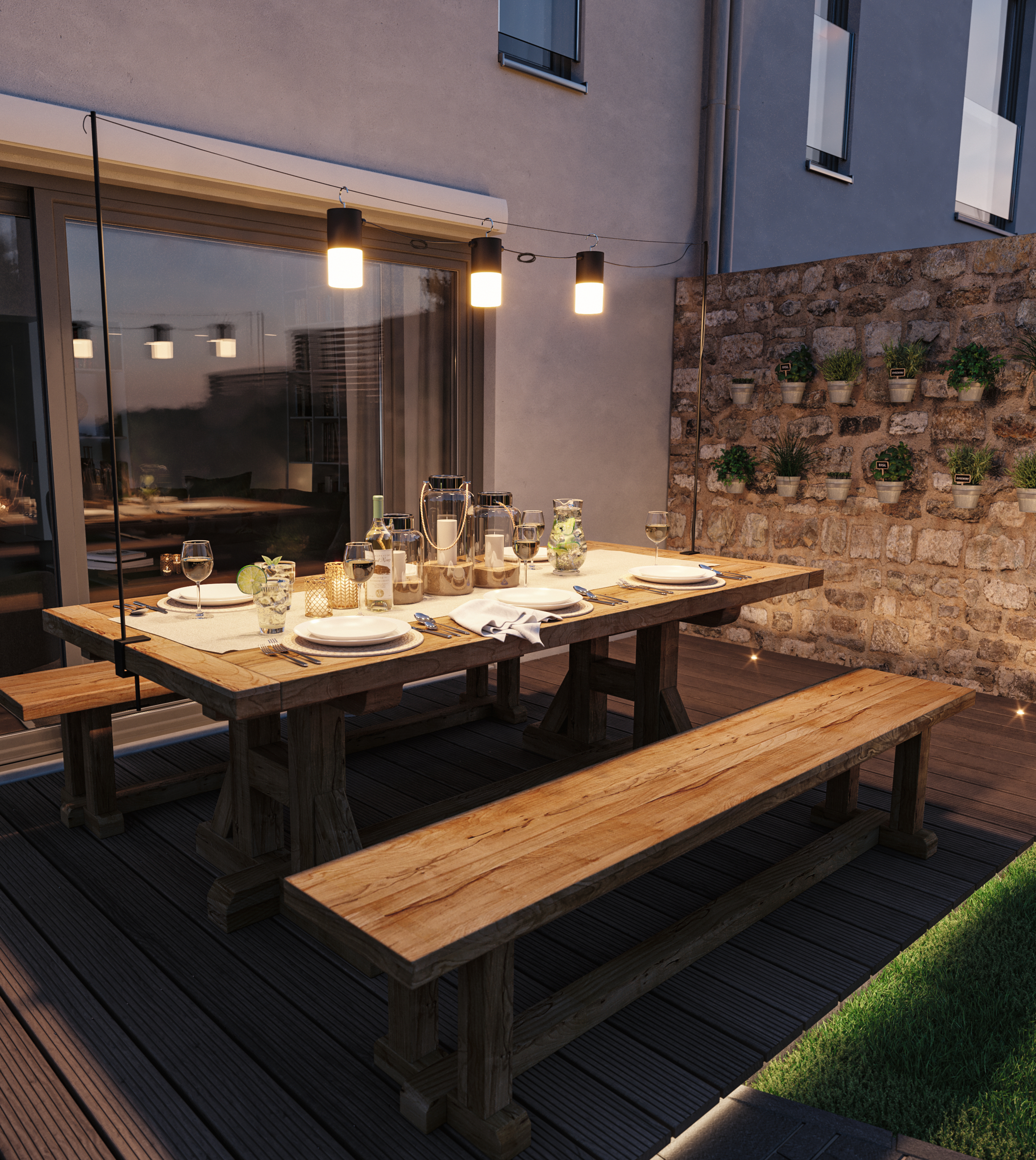 outdoor dining set up with hanging lights over a dining table in a back garden.