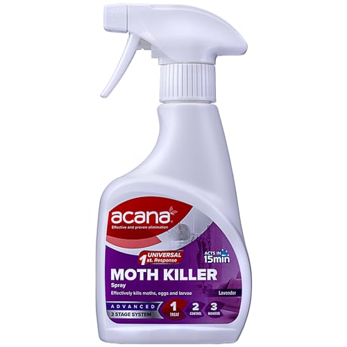 Acana Moth Killer & Freshener, Lavender, 275ml - Spray Formula, Kills Moths, Eggs & Larvae - Licensed Insecticide - Non-Staining - for Carpets, Curtains & Cushions