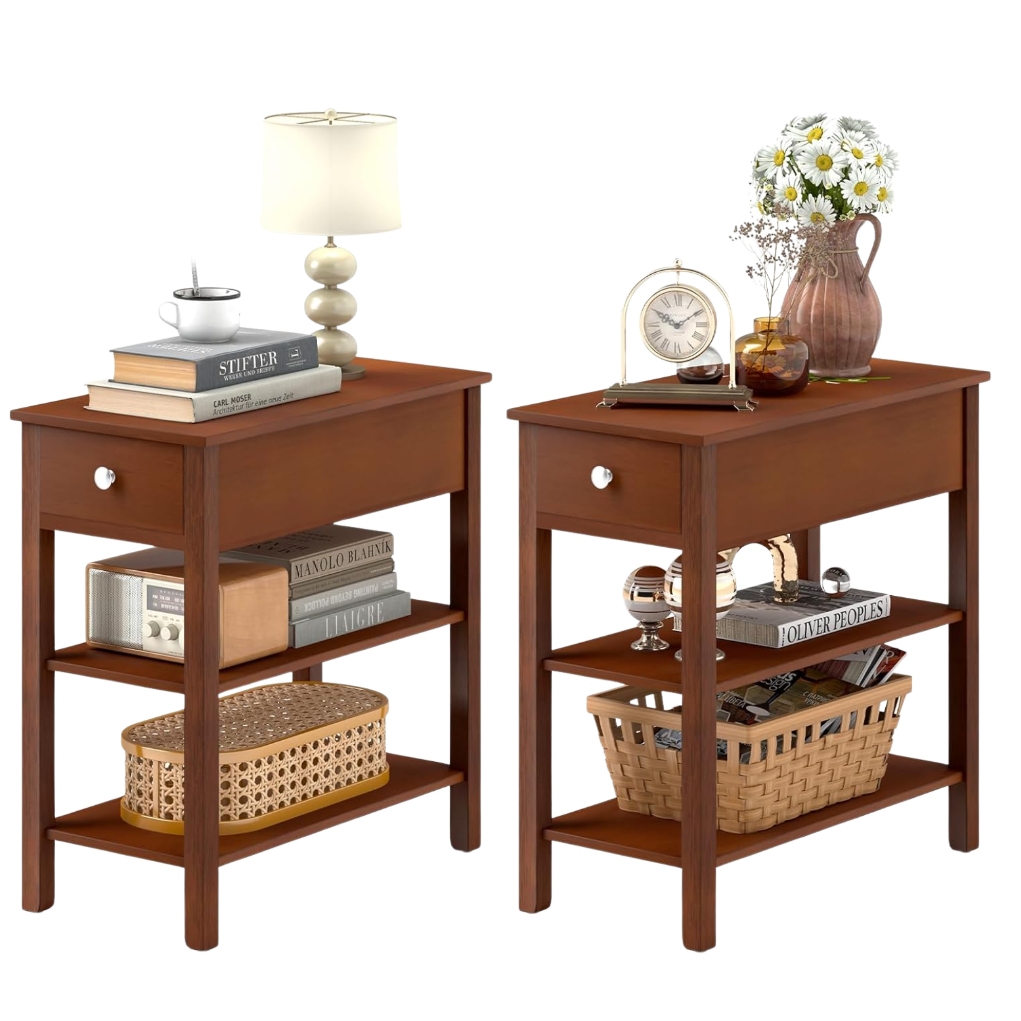 set of two wood side tables holding baskets, books, decorative objects, a lamp, and flowers
