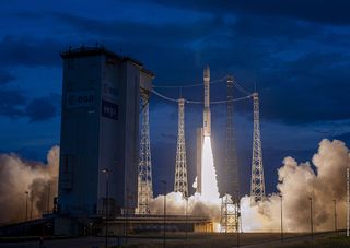 An Arianespace Vega rocket carrying three CERES satellites for the French military lifts off from the Guiana Space Center in Kourou, French Guiana on Nov. 16, ,2021.