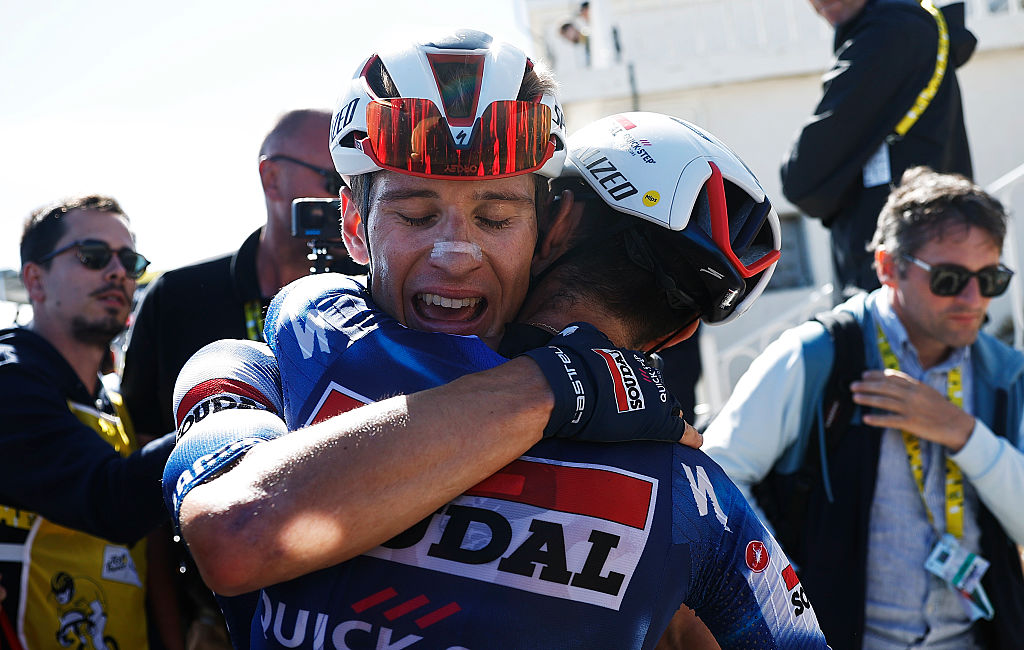 stage winner Valentin Paret-Peintre of France and Team Soudal Quick-Step (R) reacts with his teammate Ilan Van Wilder of Belgium (L) after the 112th Tour de France 2025, Stage 16 a 171.5km stage from Montpellier to Mont Ventoux