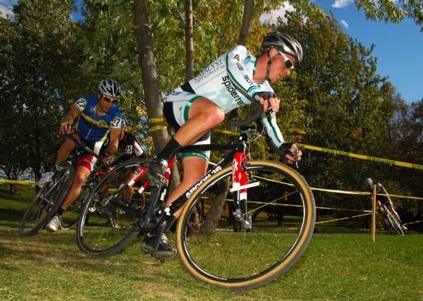 Mark Batty leading a chase group of six as four get away early.