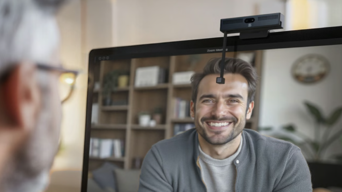 Finally, this webcam solves my biggest problem with video meetings - how to make eye contact when looking at a screen on a desk
