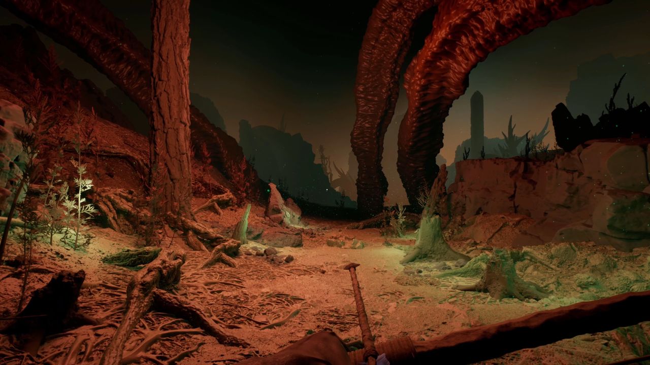 view of a dank, dark swamp with path leading out into the muck, overhanging bones