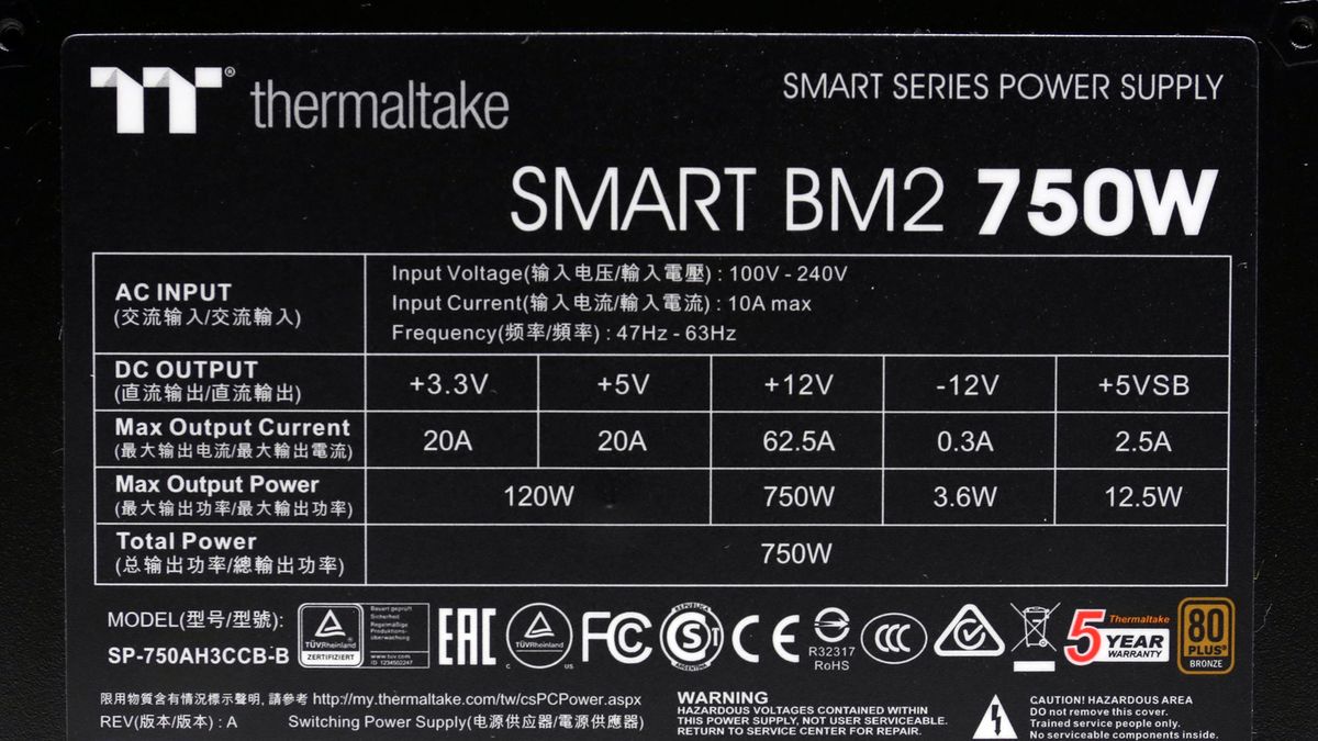 Alimentatore Thermaltake Smart BM2 750W Semi Modulare – 80 Plus Bronze, Ventola 140mm, Condensatori Giapponesi, DC-DC