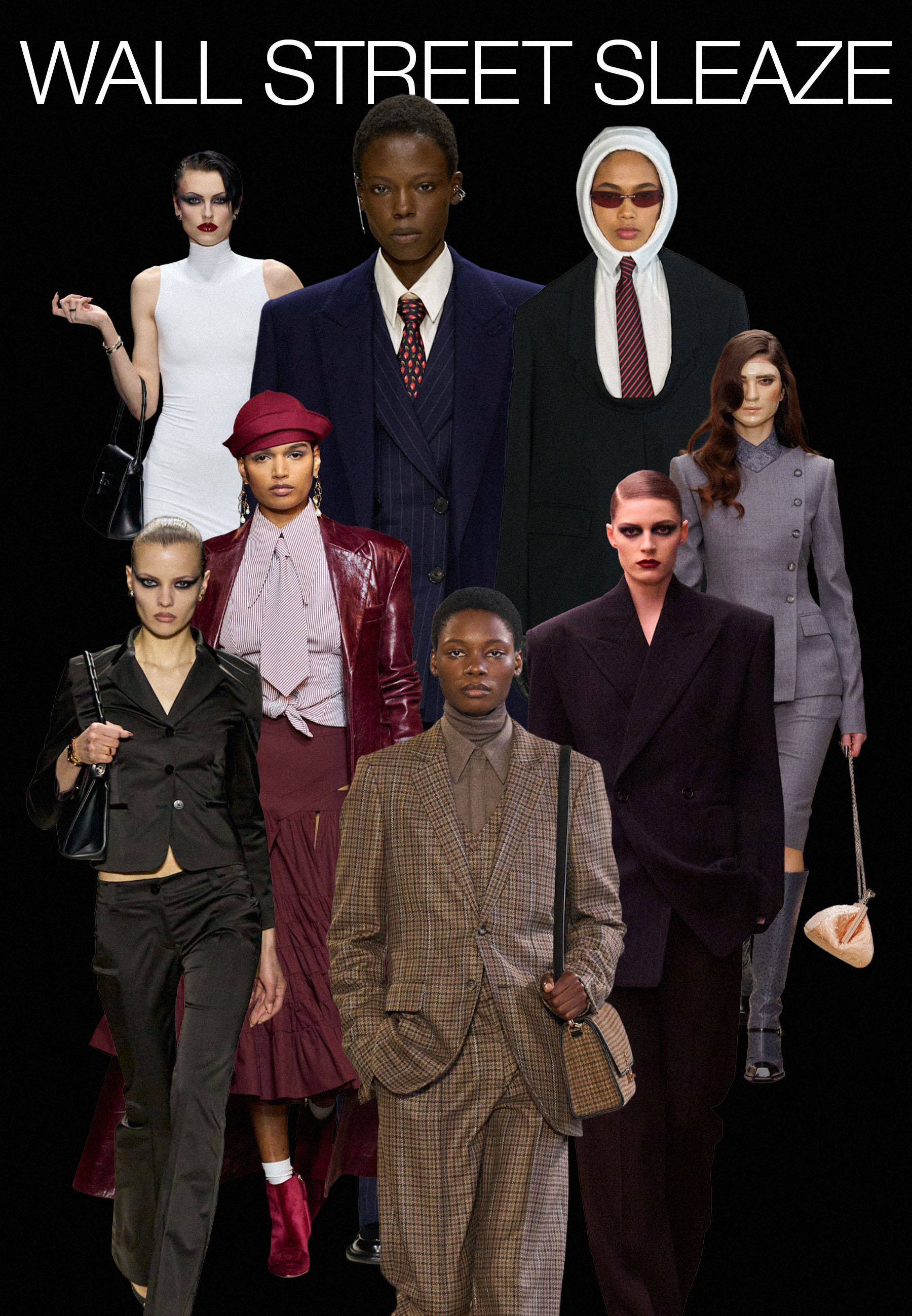 Collage of models on the autumn/winter 2026 runways displaying '80s '90s tailoring