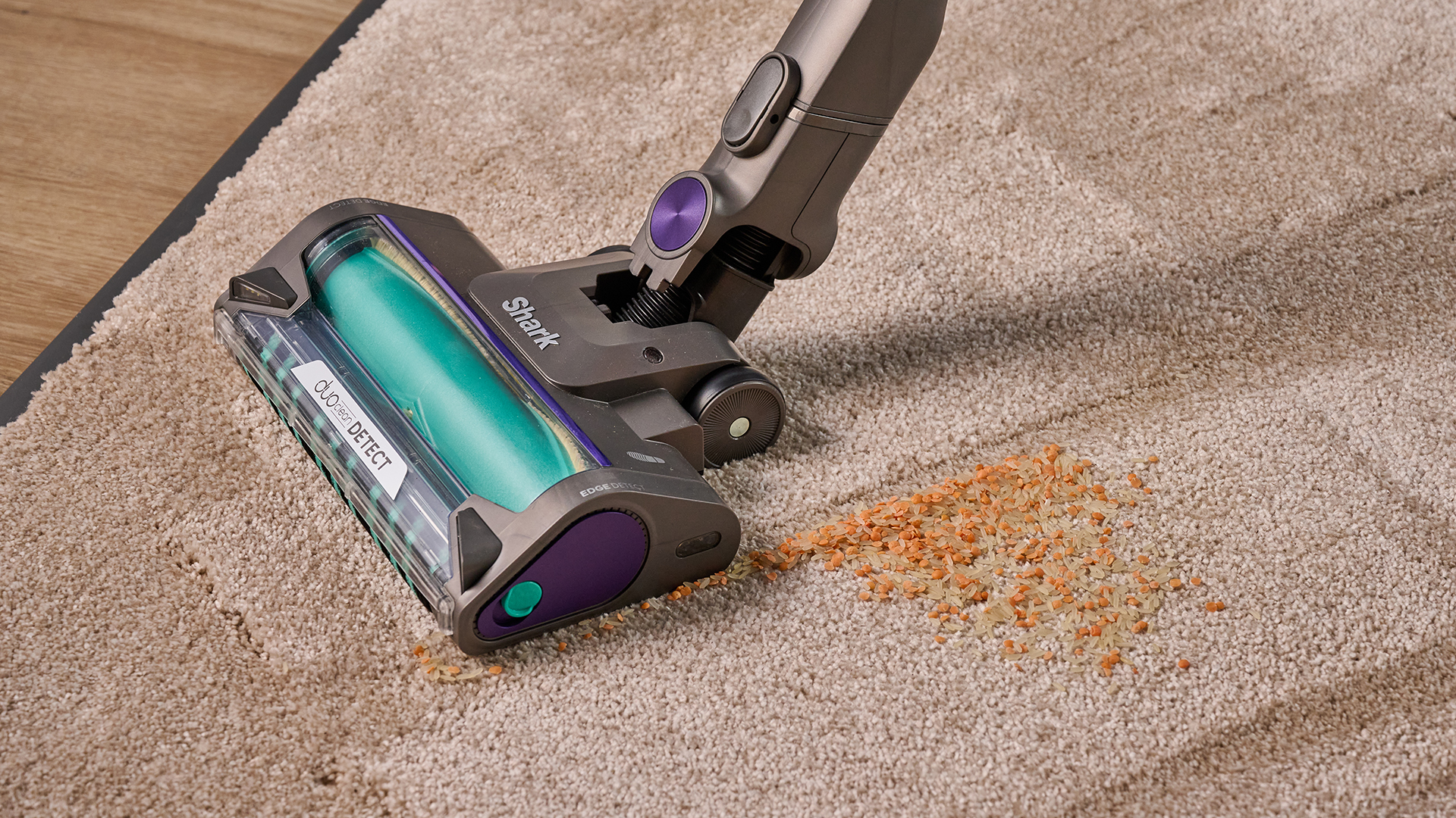 Shark PowerDetect cordless vacuum clearing dry lentils/rice from a carpet