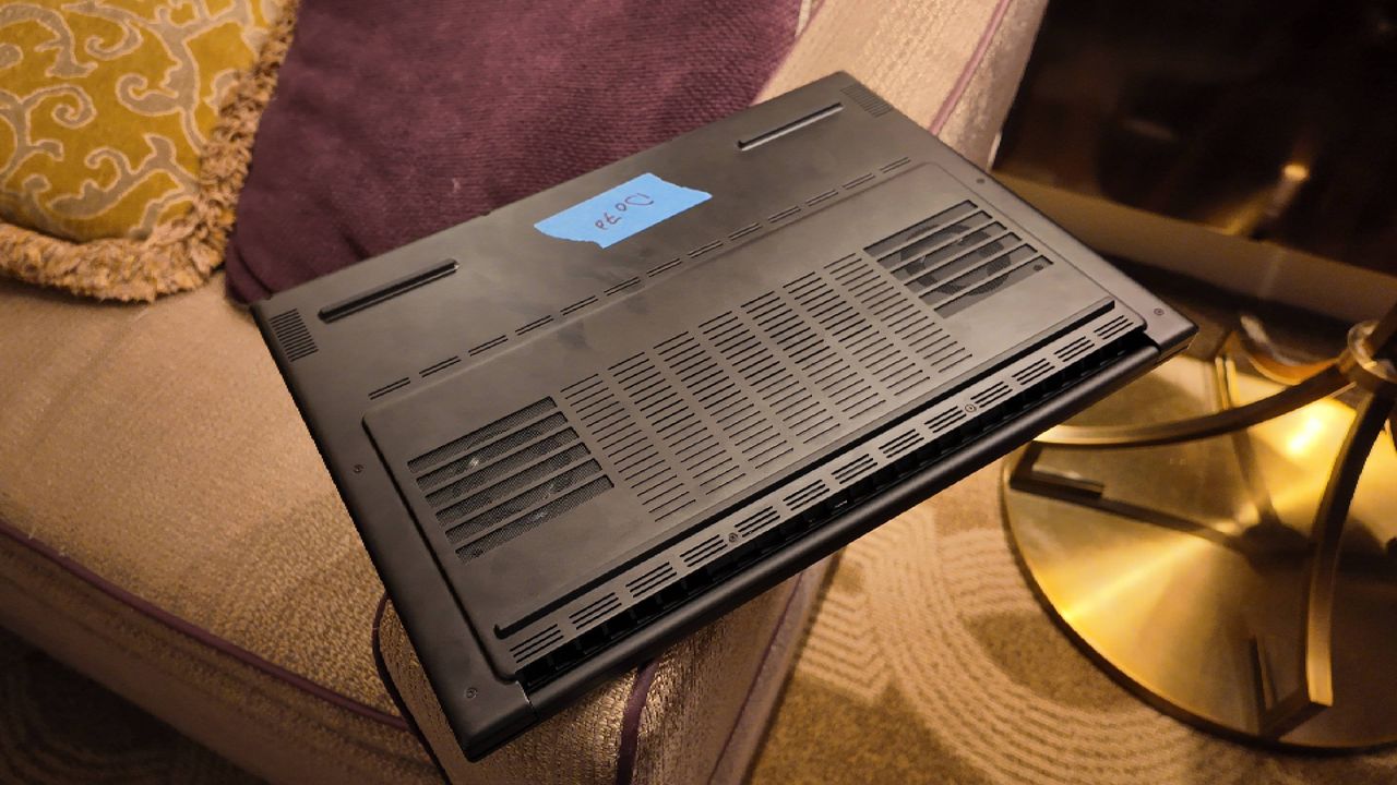 The underside of the Razer Blade 16, showing the "bump" that allows for better cooling while keeping the form factor slim.