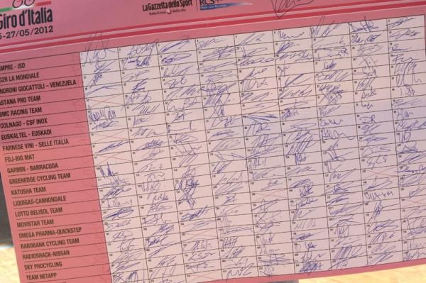 The sign in for stage 12 at the Giro d'Italia
