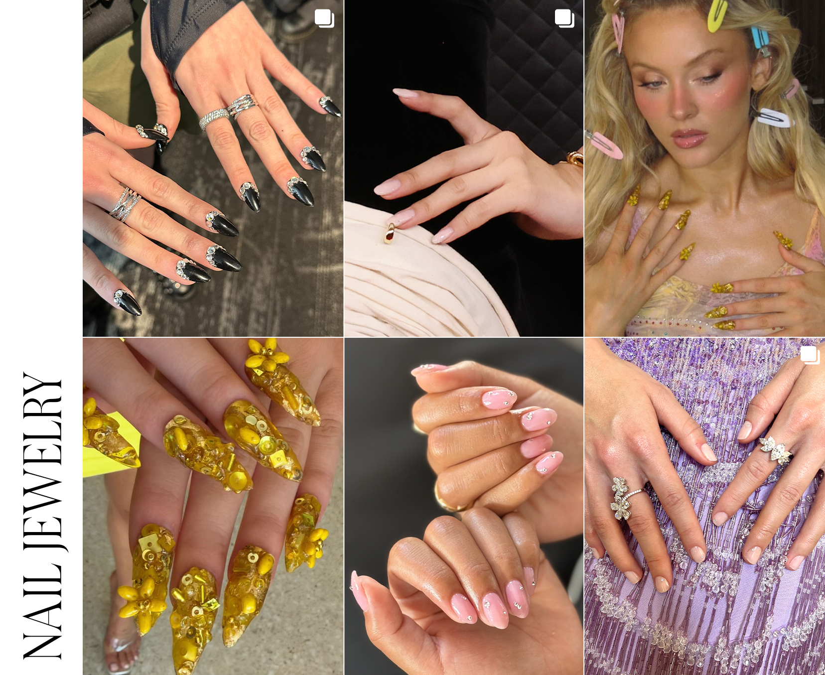 Collage of nail jewelry on the red carpet.