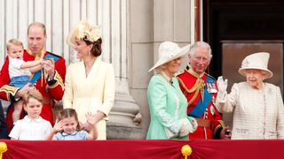 Prince William, Duke of Cambridge, Catherine, Duchess of Cambridge, Prince Louis of Cambridge, Prince George of Cambridge, Princess Charlotte of Cambridge, Camilla, Duchess of Cornwall, Prince Charles, Prince of Wales and Queen Elizabeth II watch a flypast from the balcony of Buckingham Palace during Trooping The Colour