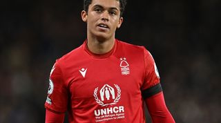  Brennan Johnson displays Nottingham Forest's new shirt sponsor, the UN refugee Agency UNHCR, during the Premier League game against Chelsea.