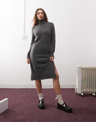 Noisy May High Neck Knitted Midi Jumper Dress in Grey