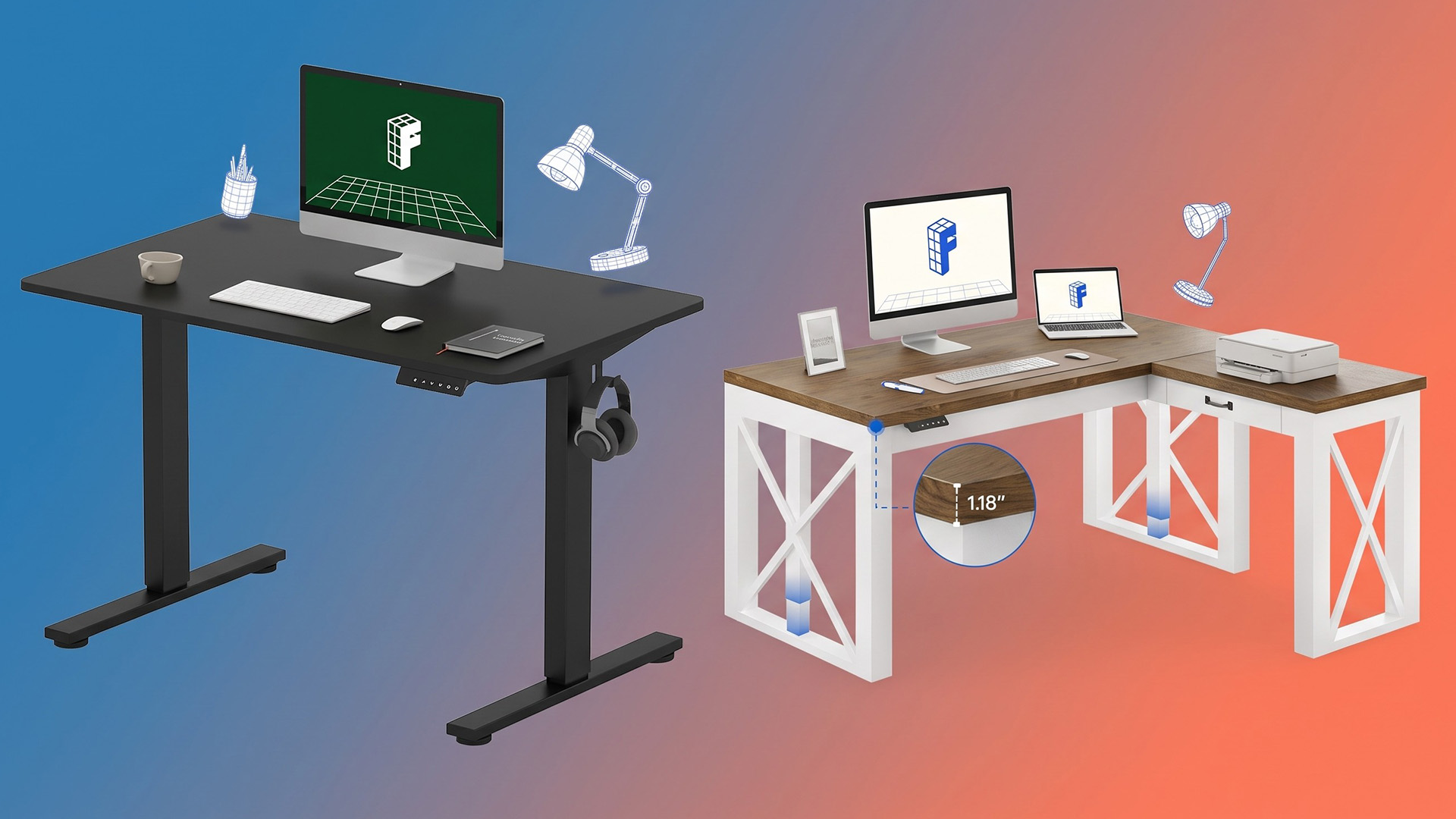 Two Flexispot standing desks on a colorful gradient.